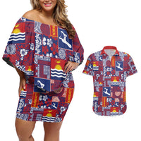 Kiribati Tekeraoi n te Kiritimati Couples Matching Off Shoulder Short Dress and Hawaiian Shirt Pacific Patchwork Xmas Vibes - Polynesian Pride