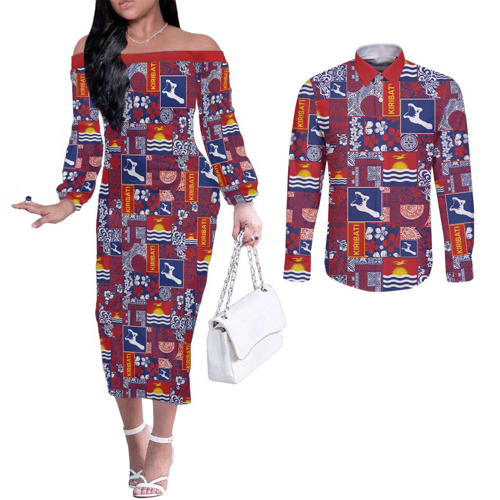 Kiribati Tekeraoi n te Kiritimati Couples Matching Off The Shoulder Long Sleeve Dress and Long Sleeve Button Shirt Pacific Patchwork Xmas Vibes - Polynesian Pride