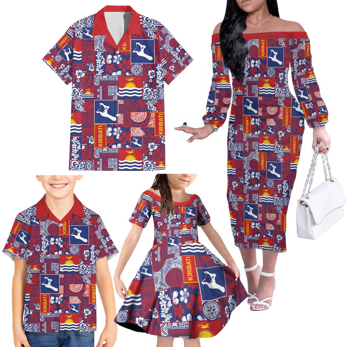 Kiribati Tekeraoi n te Kiritimati Family Matching Off The Shoulder Long Sleeve Dress and Hawaiian Shirt Pacific Patchwork Xmas Vibes - Polynesian Pride