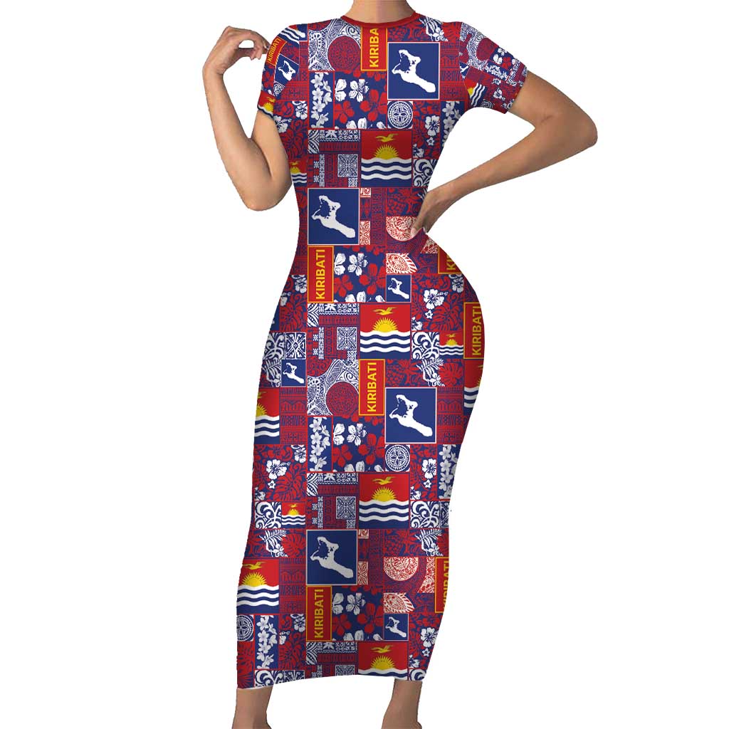 Kiribati Tekeraoi n te Kiritimati Short Sleeve Bodycon Dress Pacific Patchwork Xmas Vibes - Polynesian Pride