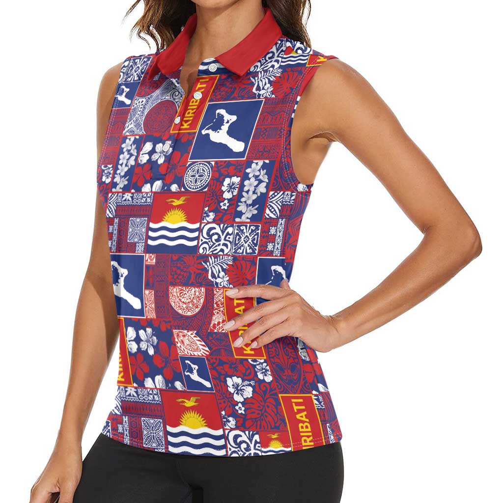 Kiribati Tekeraoi n te Kiritimati Women Sleeveless Polo Shirt Pacific Patchwork Xmas Vibes - Polynesian Pride