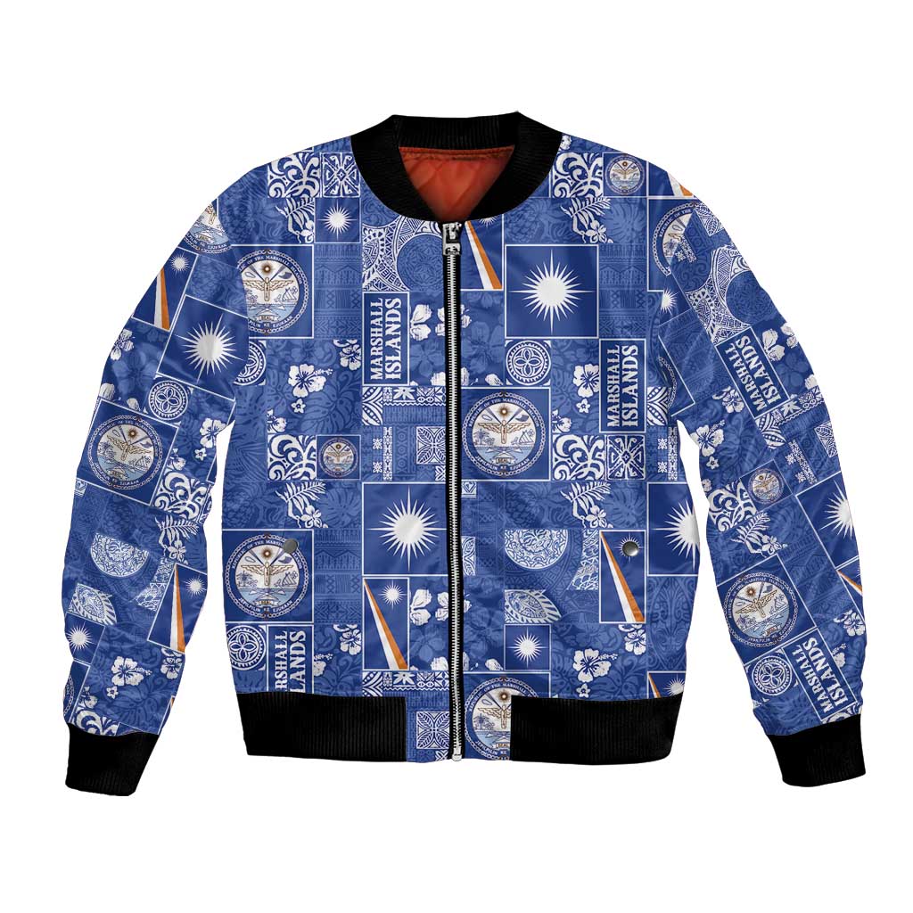Marshall Islands Merry Christmas Bomber Jacket Pacific Patchwork Xmas Vibes LT9 Unisex Blue - Polynesian Pride