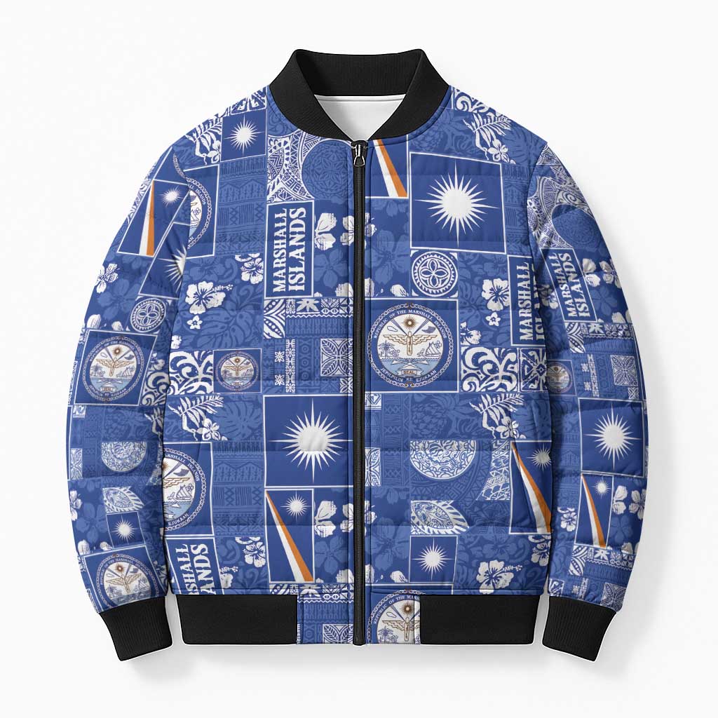 Marshall Islands Merry Christmas Bomber Puffer Jacket Pacific Patchwork Xmas Vibes LT9 Unisex Blue - Polynesian Pride