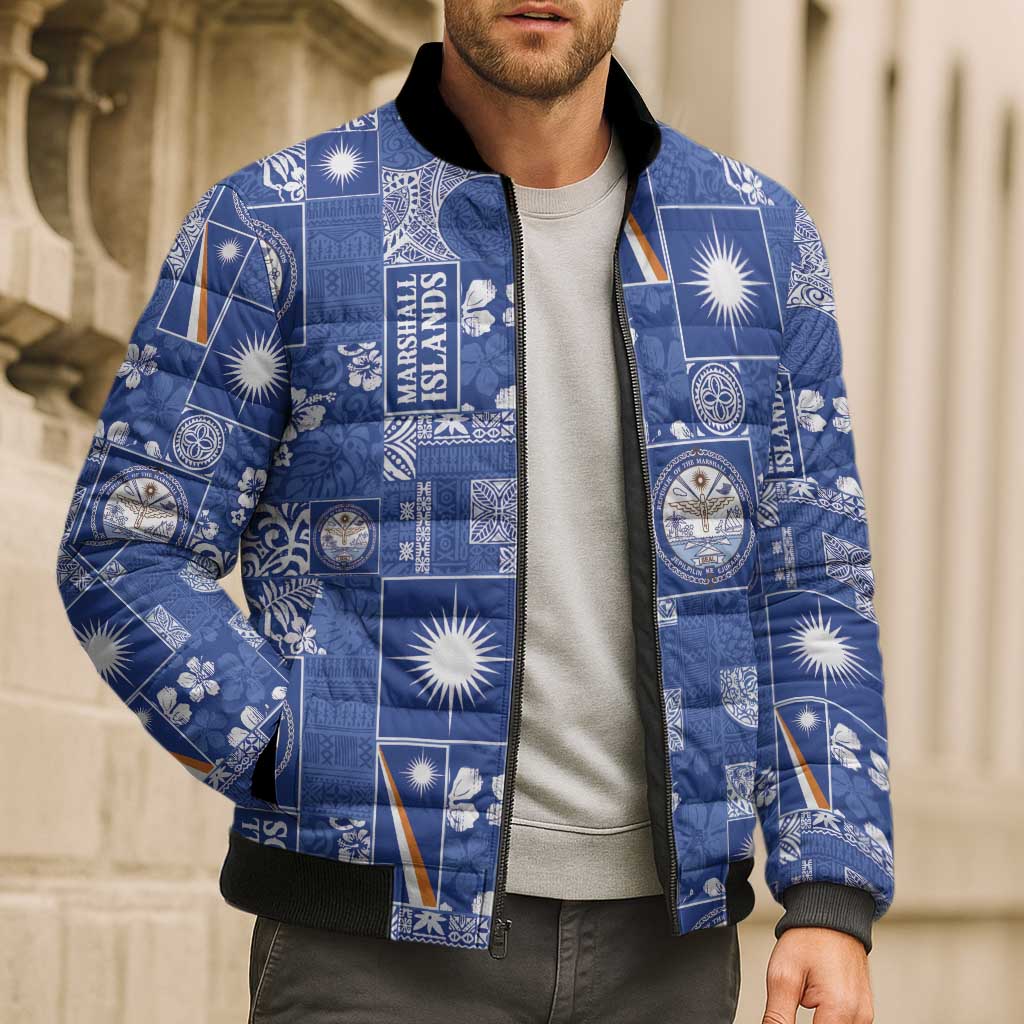 Marshall Islands Merry Christmas Bomber Puffer Jacket Pacific Patchwork Xmas Vibes LT9 - Polynesian Pride