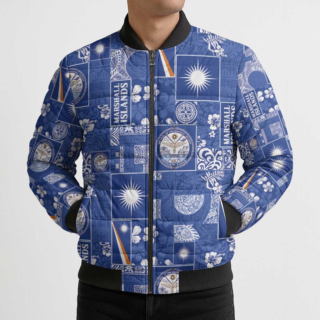Marshall Islands Merry Christmas Bomber Puffer Jacket Pacific Patchwork Xmas Vibes LT9 - Polynesian Pride