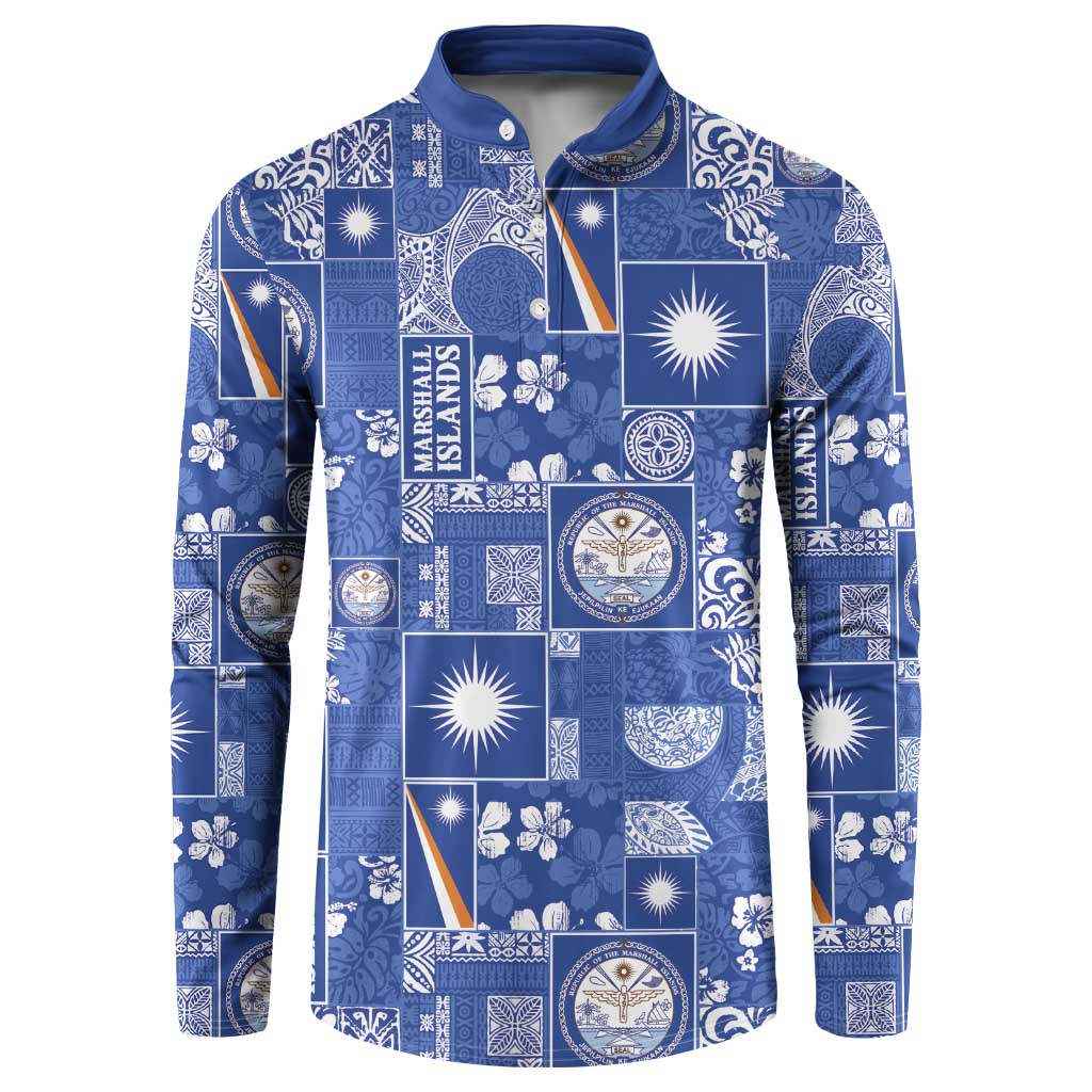 Marshall Islands Merry Christmas Button Sweatshirt Pacific Patchwork Xmas Vibes LT9 Blue - Polynesian Pride