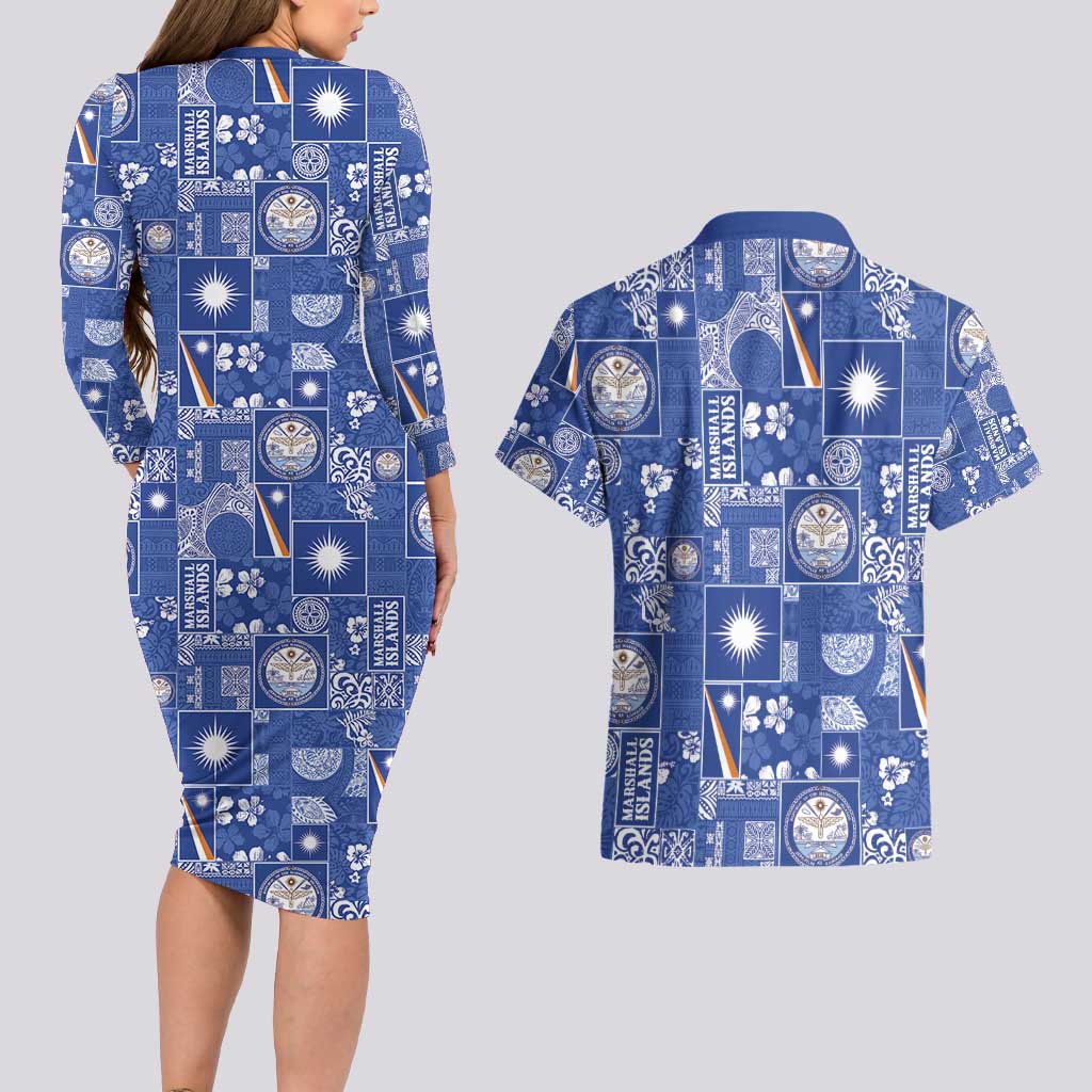 Marshall Islands Merry Christmas Couples Matching Long Sleeve Bodycon Dress and Hawaiian Shirt Pacific Patchwork Xmas Vibes - Polynesian Pride