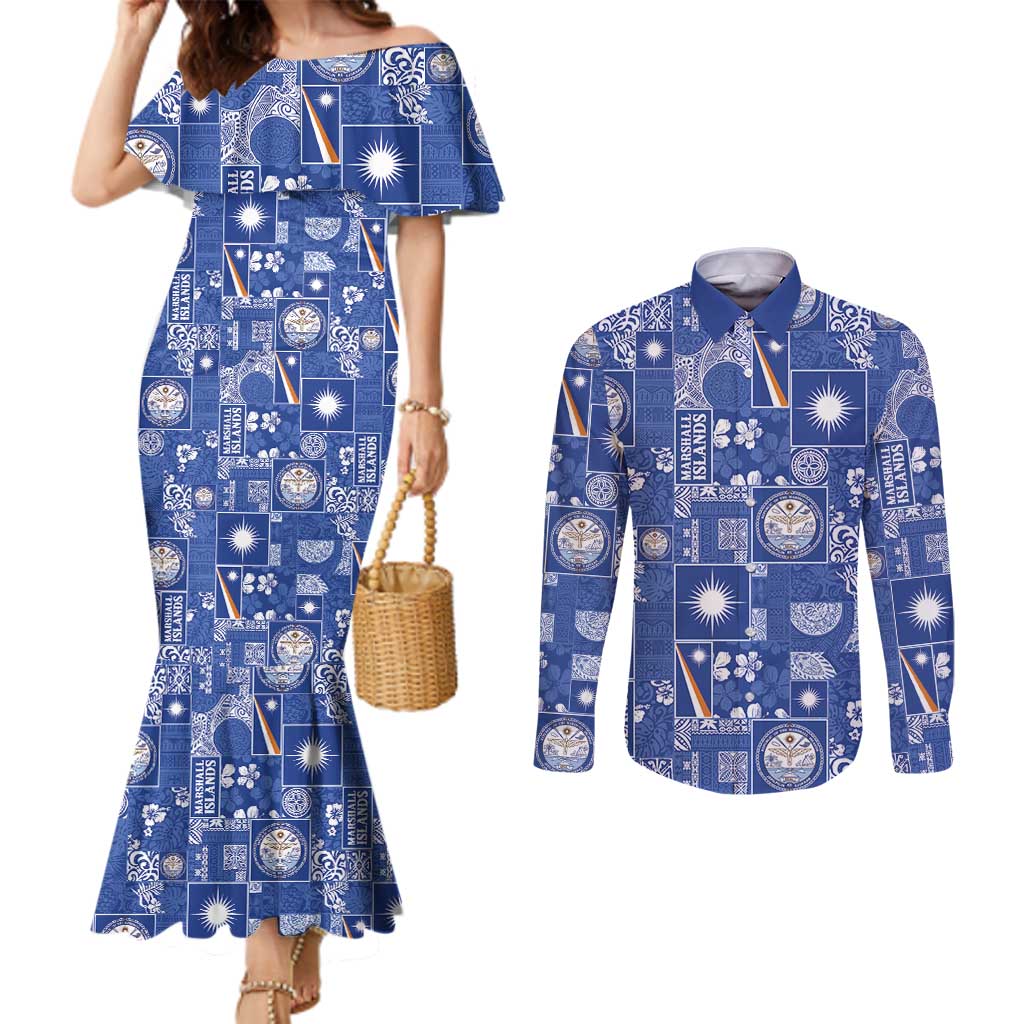 Marshall Islands Merry Christmas Couples Matching Mermaid Dress and Long Sleeve Button Shirt Pacific Patchwork Xmas Vibes - Polynesian Pride