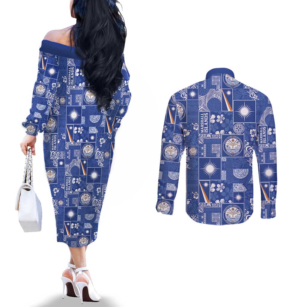 Marshall Islands Merry Christmas Couples Matching Off The Shoulder Long Sleeve Dress and Long Sleeve Button Shirt Pacific Patchwork Xmas Vibes - Polynesian Pride