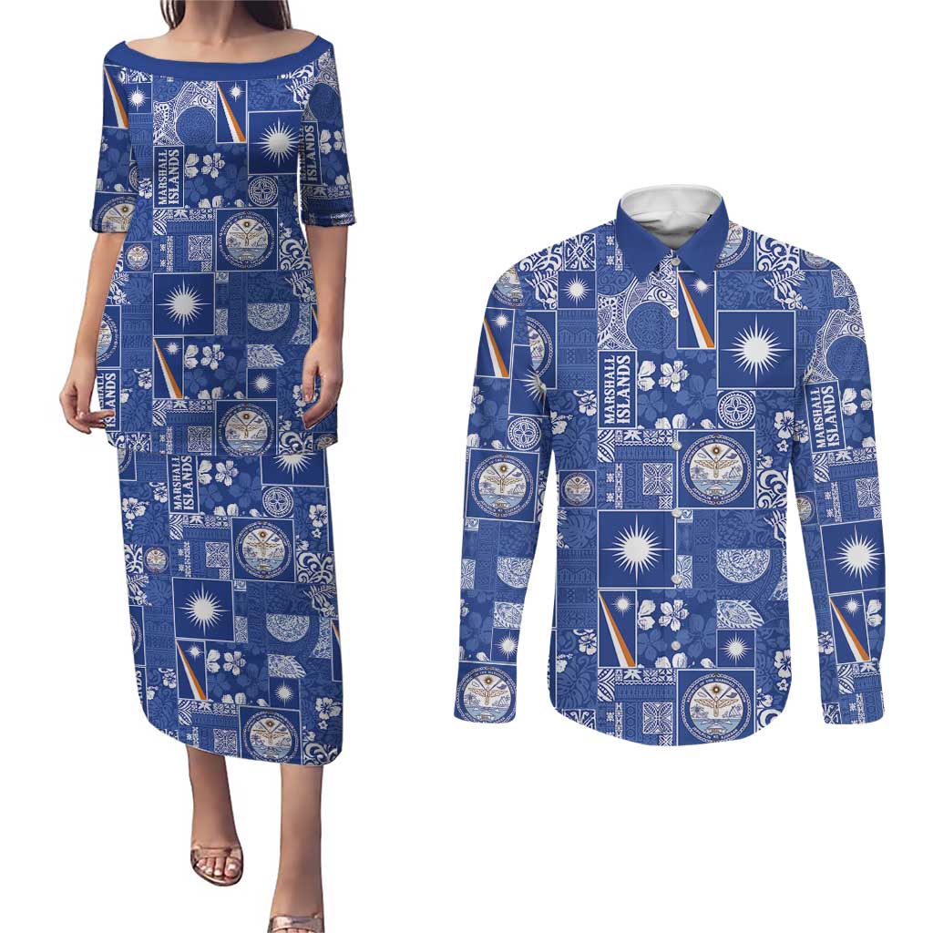 Marshall Islands Merry Christmas Couples Matching Puletasi and Long Sleeve Button Shirt Pacific Patchwork Xmas Vibes LT9 Blue - Polynesian Pride