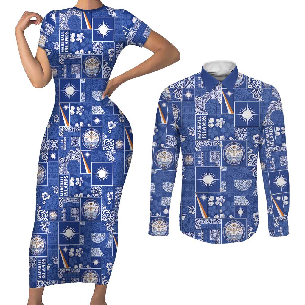 Marshall Islands Merry Christmas Couples Matching Short Sleeve Bodycon Dress and Long Sleeve Button Shirt Pacific Patchwork Xmas Vibes - Polynesian Pride