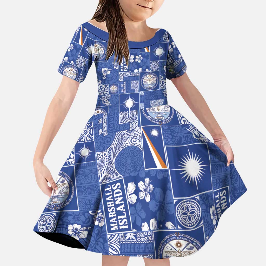 Marshall Islands Merry Christmas Family Matching Puletasi and Hawaiian Shirt Pacific Patchwork Xmas Vibes LT9 Daughter's Dress Blue - Polynesian Pride