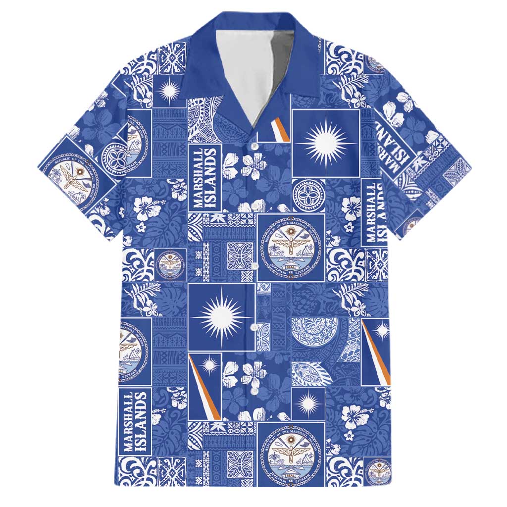 Marshall Islands Merry Christmas Family Matching Puletasi and Hawaiian Shirt Pacific Patchwork Xmas Vibes LT9 Dad's Shirt - Short Sleeve Blue - Polynesian Pride