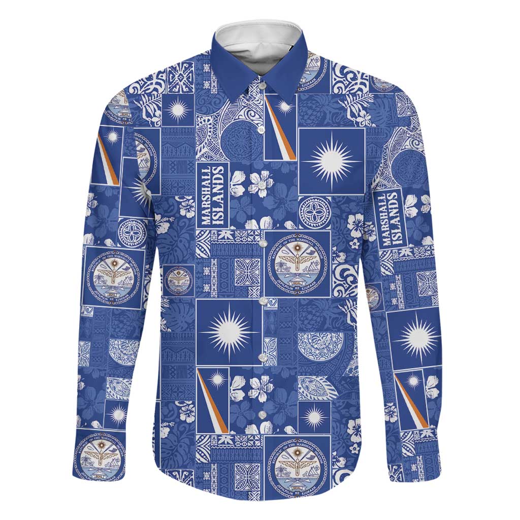 Marshall Islands Merry Christmas Family Matching Puletasi and Hawaiian Shirt Pacific Patchwork Xmas Vibes LT9 Dad's Shirt - Long Sleeve Blue - Polynesian Pride