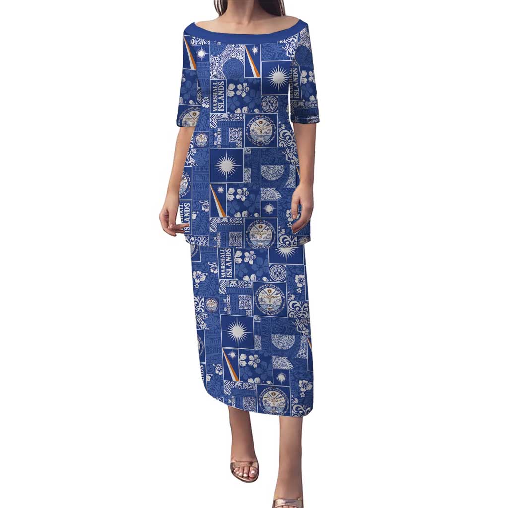 Marshall Islands Merry Christmas Family Matching Puletasi and Hawaiian Shirt Pacific Patchwork Xmas Vibes LT9 Mom's Dress Blue - Polynesian Pride