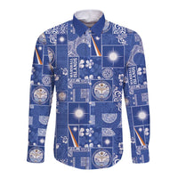 Marshall Islands Merry Christmas Long Sleeve Button Shirt Pacific Patchwork Xmas Vibes LT9 Unisex Blue - Polynesian Pride