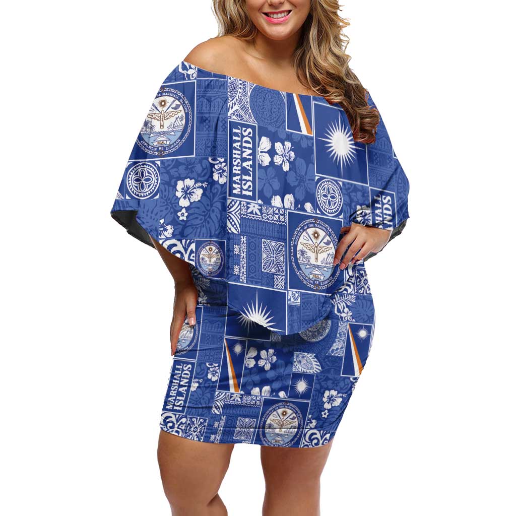 Marshall Islands Merry Christmas Off Shoulder Short Dress Pacific Patchwork Xmas Vibes - Polynesian Pride