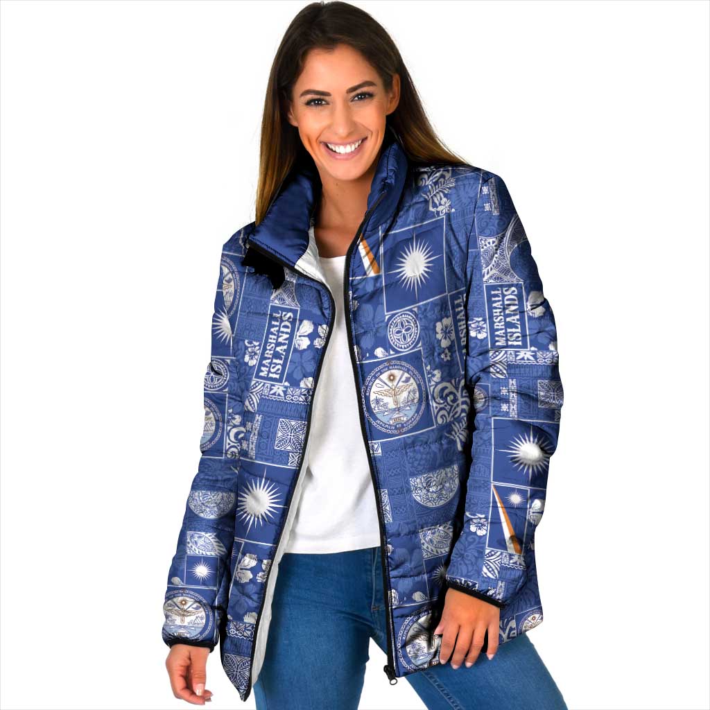 Marshall Islands Merry Christmas Padded Jacket Pacific Patchwork Xmas Vibes LT9 Women Blue - Polynesian Pride
