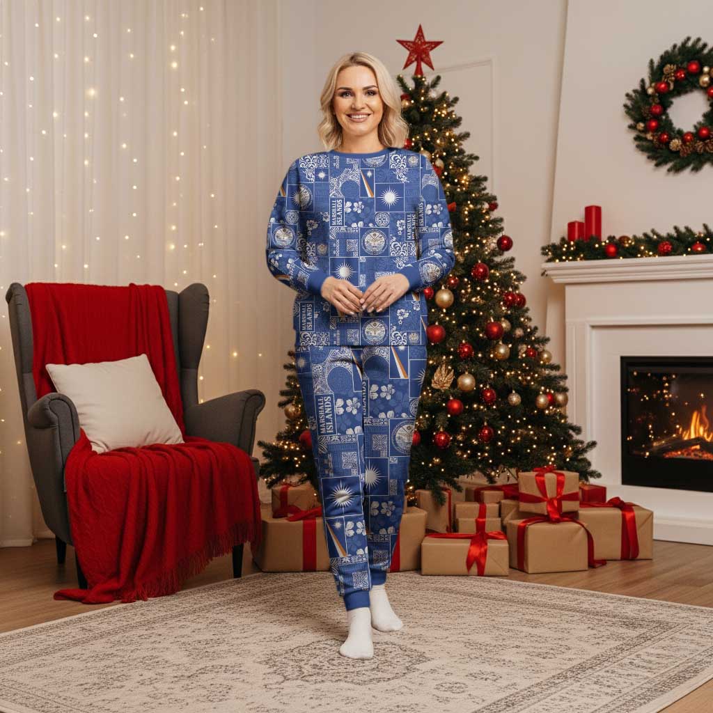 Marshall Islands Merry Christmas Pajama Set Pacific Patchwork Xmas Vibes LT9 Women Blue - Polynesian Pride