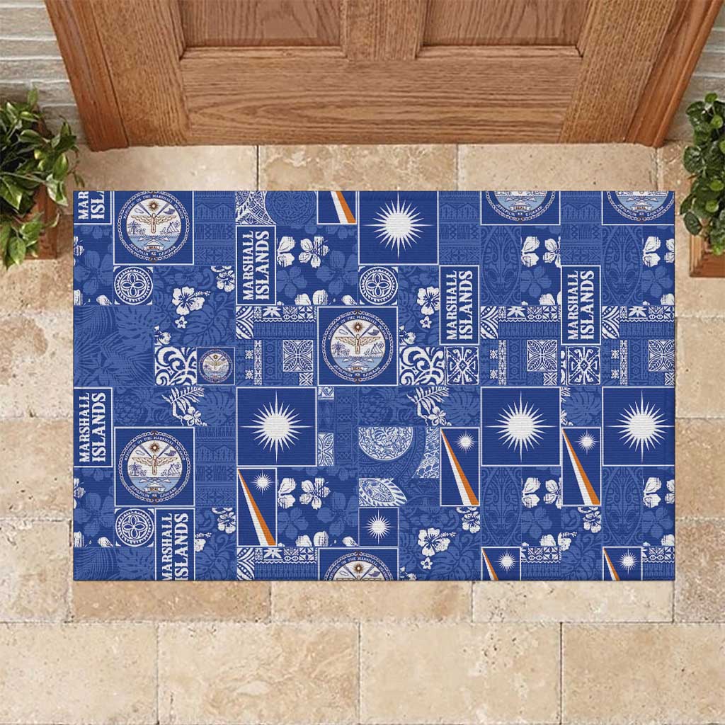 Marshall Islands Merry Christmas Rubber Doormat Pacific Patchwork Xmas Vibes LT9 Blue - Polynesian Pride