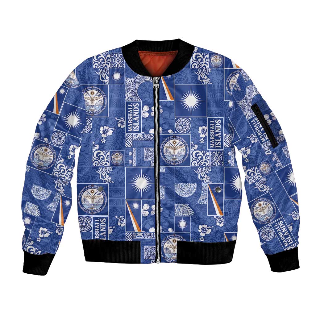 Marshall Islands Merry Christmas Sleeve Zip Bomber Jacket Pacific Patchwork Xmas Vibes LT9 Unisex Blue - Polynesian Pride