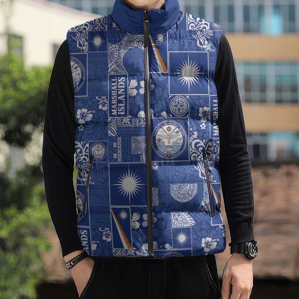 Marshall Islands Merry Christmas Sleeveless Puffer Jacket Pacific Patchwork Xmas Vibes LT9 - Polynesian Pride