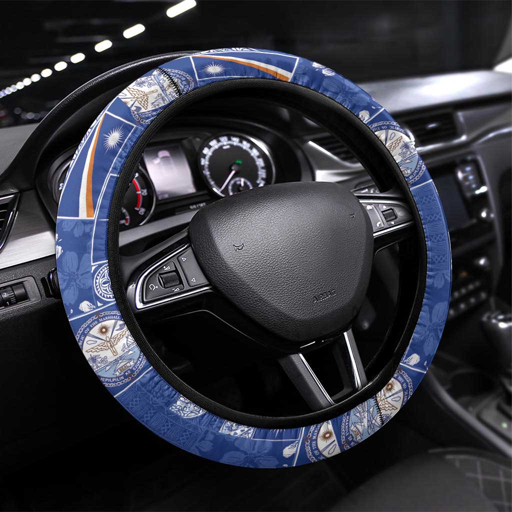Marshall Islands Merry Christmas Steering Wheel Cover Pacific Patchwork Xmas Vibes LT9 Universal Fit Blue - Polynesian Pride