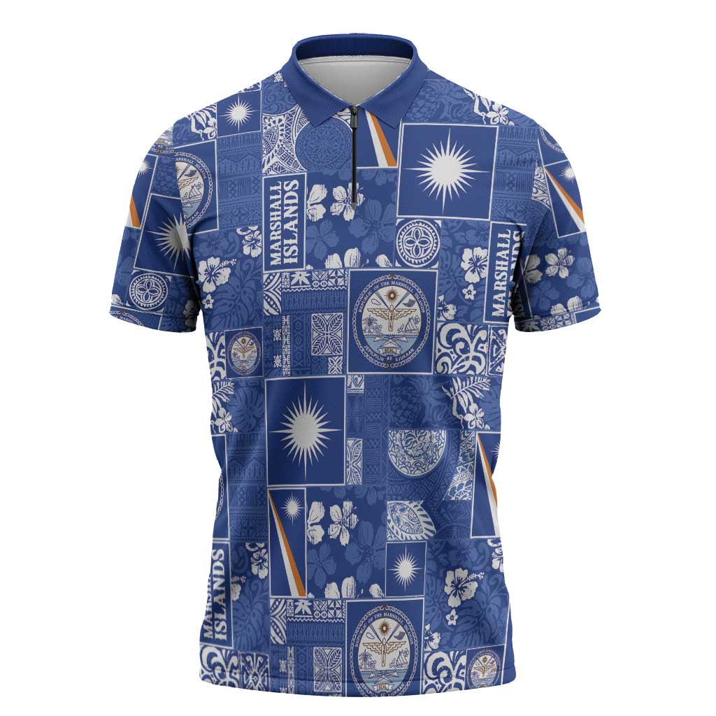 Marshall Islands Merry Christmas Zipper Polo Shirt Pacific Patchwork Xmas Vibes - Polynesian Pride