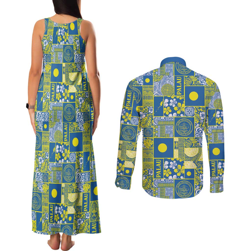 Palau Ungil Kurismas Couples Matching Tank Maxi Dress and Long Sleeve Button Shirt Pacific Patchwork Xmas Vibes - Polynesian Pride