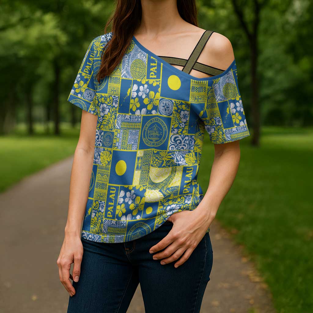 Palau Ungil Kurismas Cross Shoulder Shirt Pacific Patchwork Xmas Vibes - Polynesian Pride