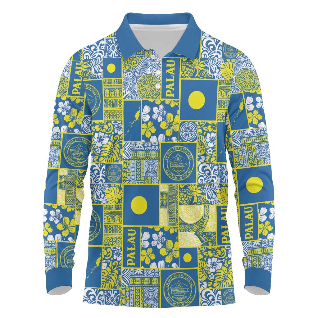 Palau Ungil Kurismas Long Sleeve Polo Shirt Pacific Patchwork Xmas Vibes - Polynesian Pride