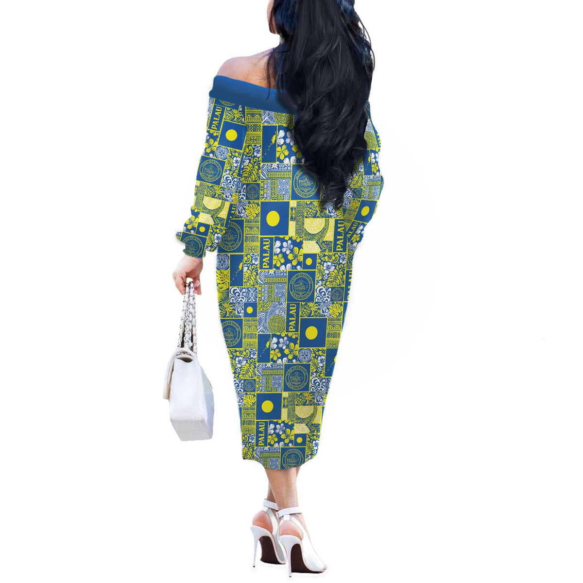 Palau Ungil Kurismas Off The Shoulder Long Sleeve Dress Pacific Patchwork Xmas Vibes - Polynesian Pride
