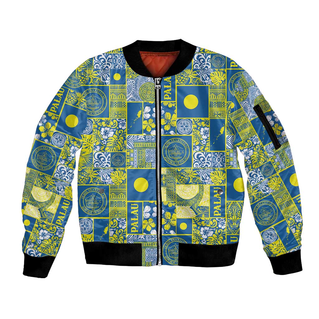 Palau Ungil Kurismas Sleeve Zip Bomber Jacket Pacific Patchwork Xmas Vibes - Polynesian Pride