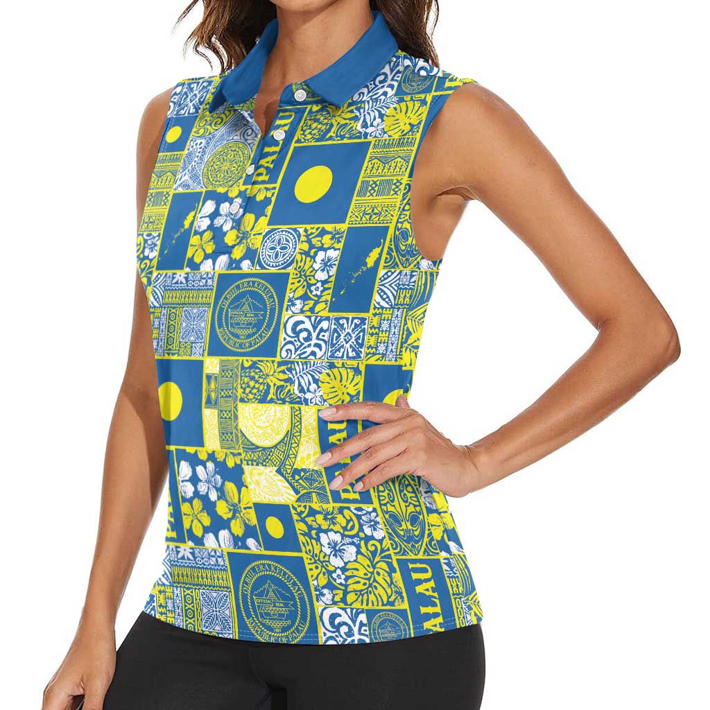 Palau Ungil Kurismas Women Sleeveless Polo Shirt Pacific Patchwork Xmas Vibes - Polynesian Pride