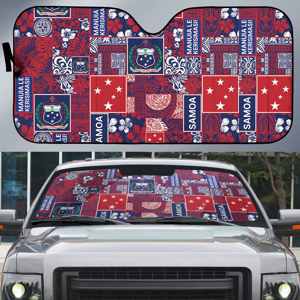 Red Samoa Manuia Le Kerisimasi Auto Sun Shade Pacific Patchwork Xmas Vibes - Polynesian Pride