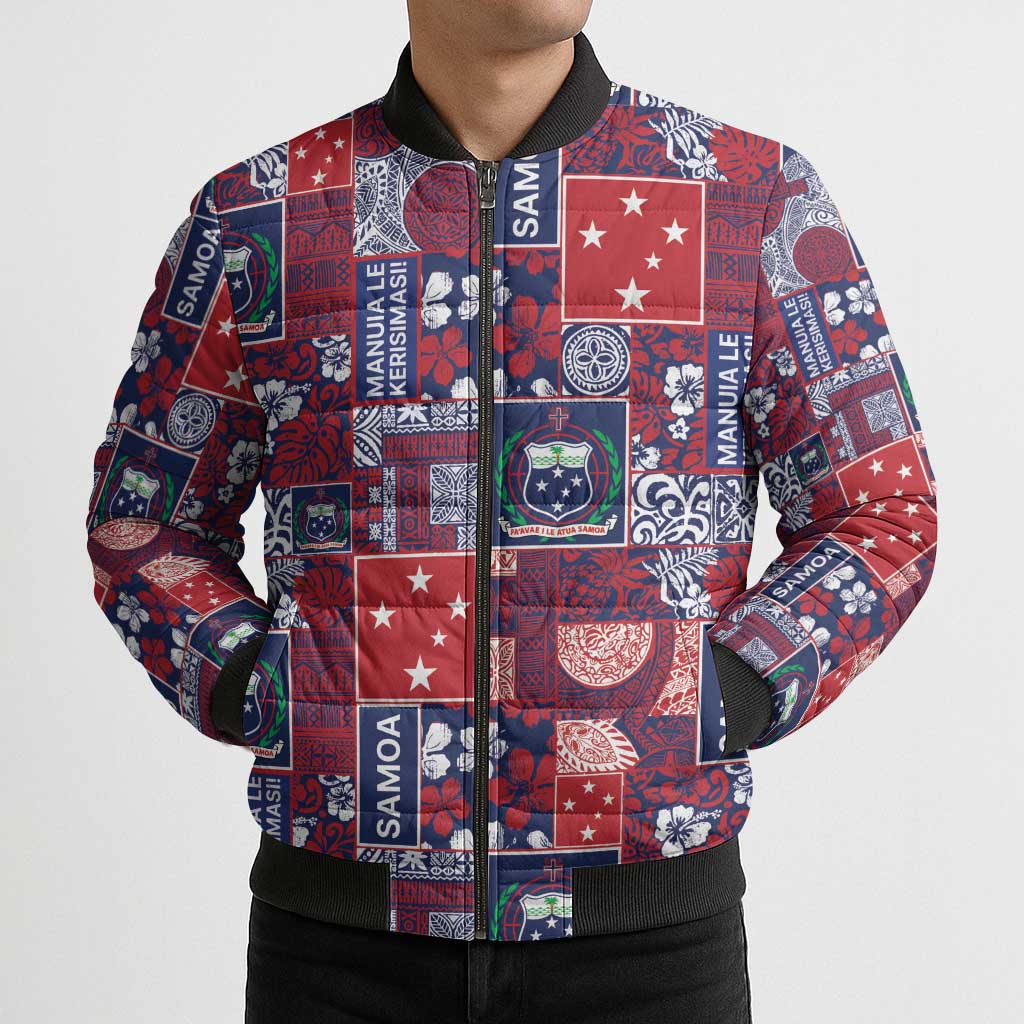 Red Samoa Manuia Le Kerisimasi Bomber Puffer Jacket Pacific Patchwork Xmas Vibes - Polynesian Pride