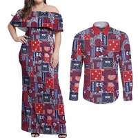 Red Samoa Manuia Le Kerisimasi Couples Matching Off Shoulder Maxi Dress and Long Sleeve Button Shirt Pacific Patchwork Xmas Vibes - Polynesian Pride