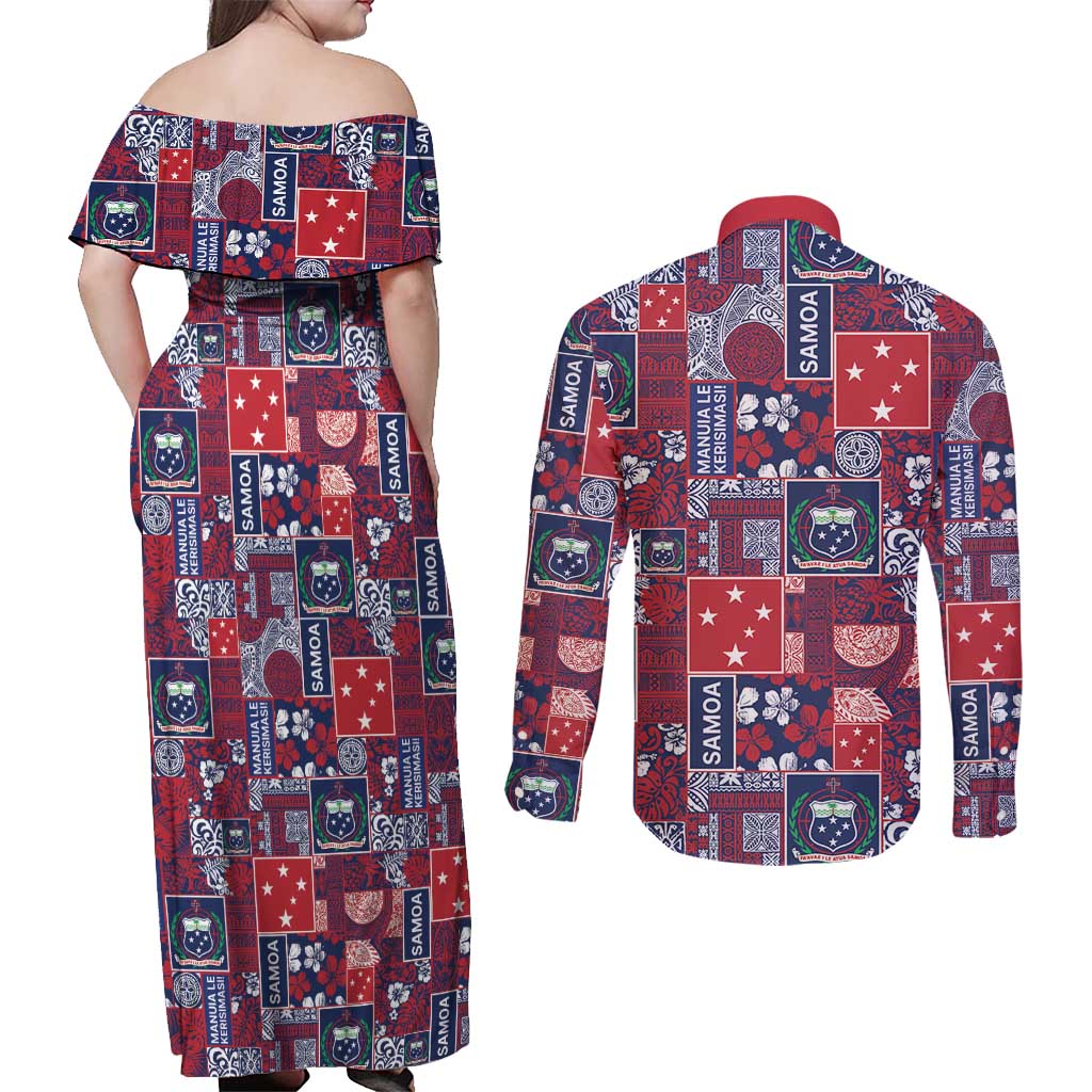 Red Samoa Manuia Le Kerisimasi Couples Matching Off Shoulder Maxi Dress and Long Sleeve Button Shirt Pacific Patchwork Xmas Vibes - Polynesian Pride