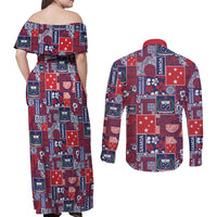 Red Samoa Manuia Le Kerisimasi Couples Matching Off Shoulder Maxi Dress and Long Sleeve Button Shirt Pacific Patchwork Xmas Vibes - Polynesian Pride