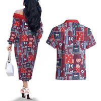 Red Samoa Manuia Le Kerisimasi Couples Matching Off The Shoulder Long Sleeve Dress and Hawaiian Shirt Pacific Patchwork Xmas Vibes - Polynesian Pride