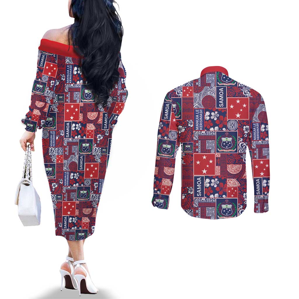 Red Samoa Manuia Le Kerisimasi Couples Matching Off The Shoulder Long Sleeve Dress and Long Sleeve Button Shirt Pacific Patchwork Xmas Vibes - Polynesian Pride