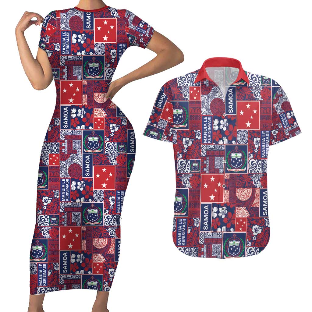 Red Samoa Manuia Le Kerisimasi Couples Matching Short Sleeve Bodycon Dress and Hawaiian Shirt Pacific Patchwork Xmas Vibes - Polynesian Pride