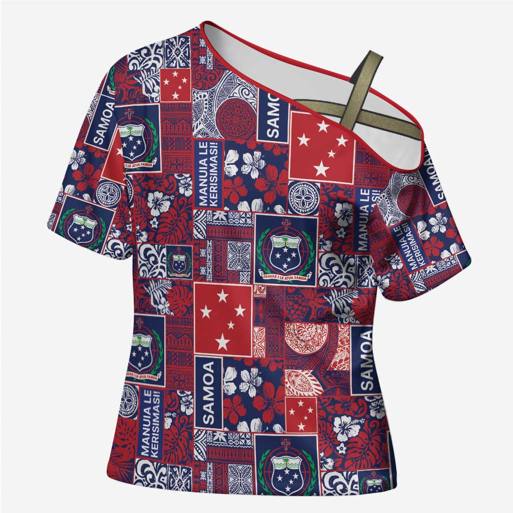 Red Samoa Manuia Le Kerisimasi Cross Shoulder Shirt Pacific Patchwork Xmas Vibes - Polynesian Pride
