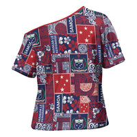 Red Samoa Manuia Le Kerisimasi Cross Shoulder Shirt Pacific Patchwork Xmas Vibes - Polynesian Pride