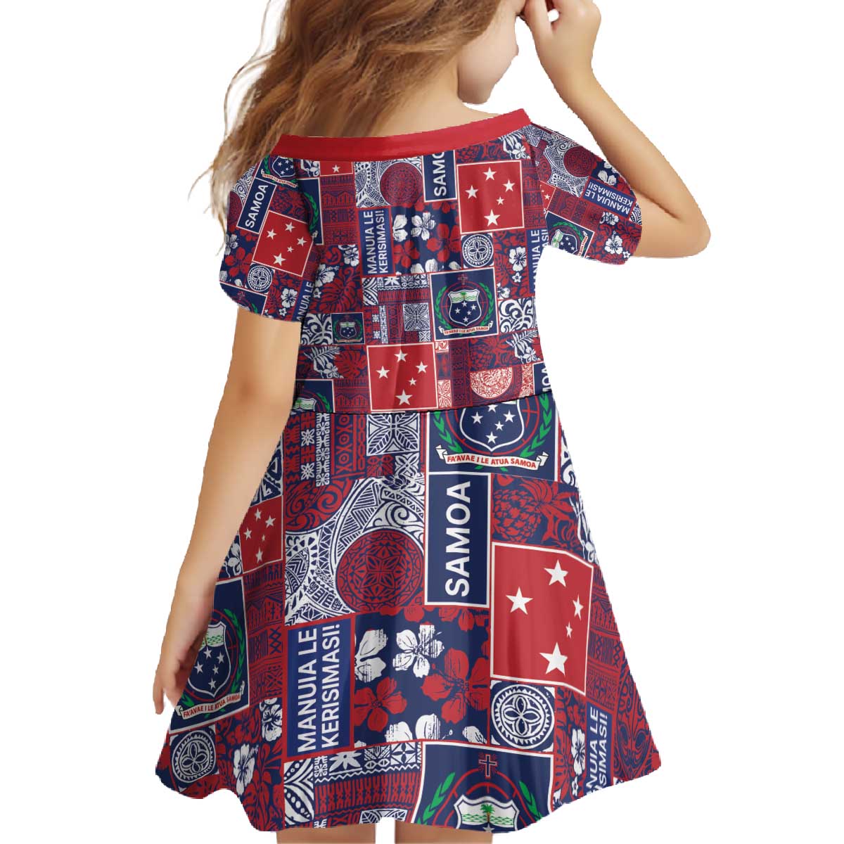 Red Samoa Manuia Le Kerisimasi Family Matching Off The Shoulder Long Sleeve Dress and Hawaiian Shirt Pacific Patchwork Xmas Vibes - Polynesian Pride