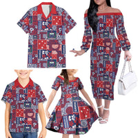 Red Samoa Manuia Le Kerisimasi Family Matching Off The Shoulder Long Sleeve Dress and Hawaiian Shirt Pacific Patchwork Xmas Vibes - Polynesian Pride