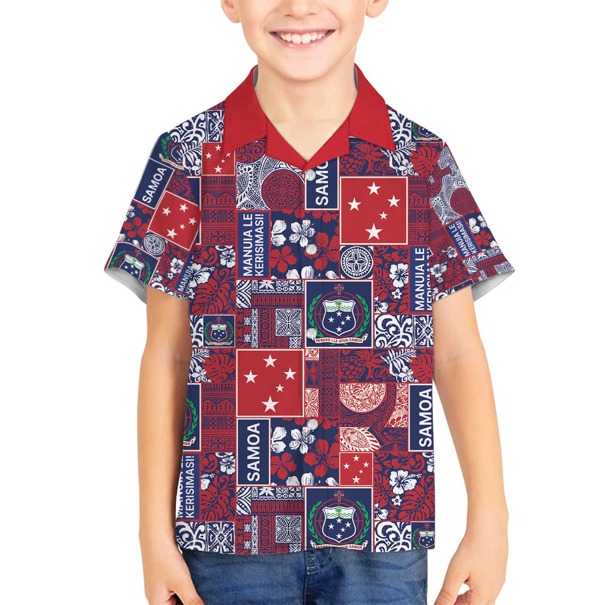 Red Samoa Manuia Le Kerisimasi Family Matching Off The Shoulder Long Sleeve Dress and Hawaiian Shirt Pacific Patchwork Xmas Vibes - Polynesian Pride