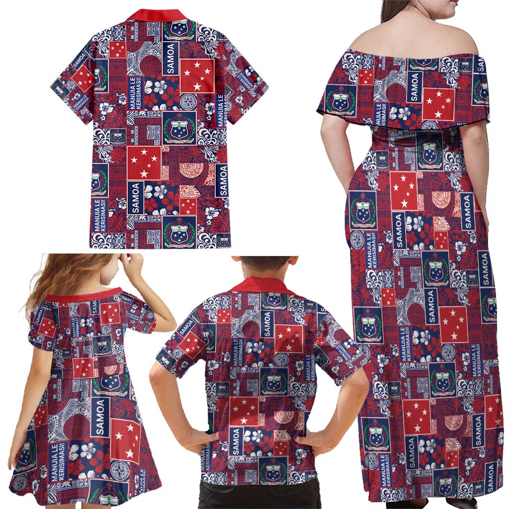 Red Samoa Manuia Le Kerisimasi Family Matching Off Shoulder Maxi Dress and Hawaiian Shirt Pacific Patchwork Xmas Vibes - Polynesian Pride
