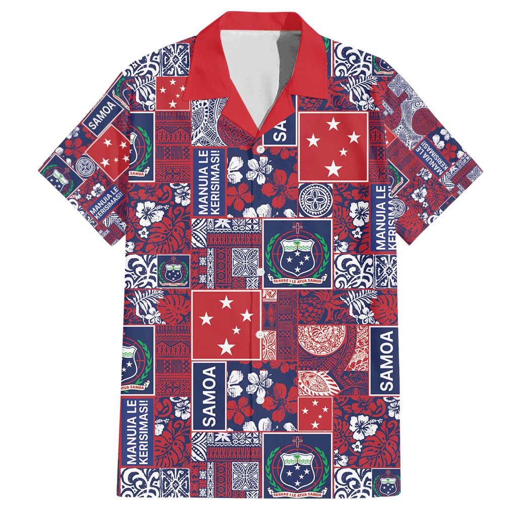 Red Samoa Manuia Le Kerisimasi Family Matching Off Shoulder Short Dress and Hawaiian Shirt Pacific Patchwork Xmas Vibes - Polynesian Pride