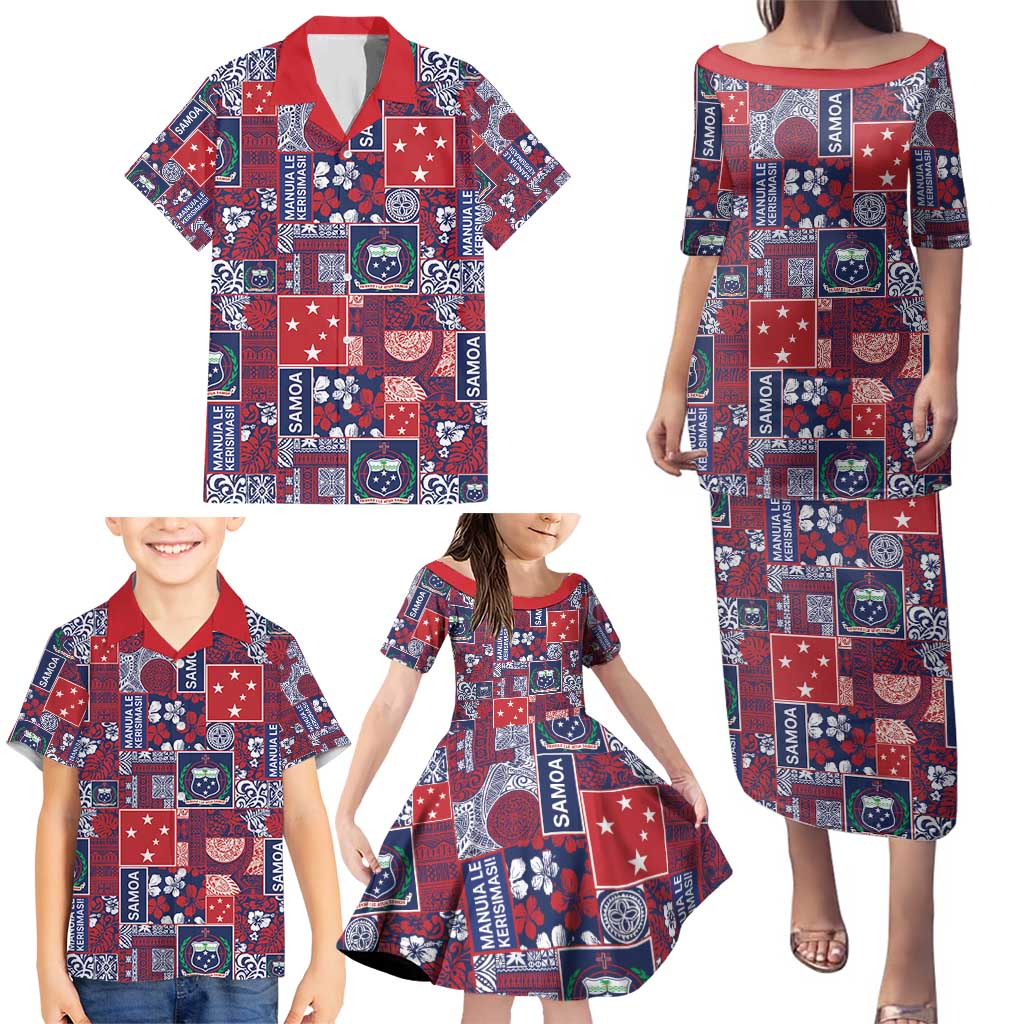 Red Samoa Manuia Le Kerisimasi Family Matching Puletasi and Hawaiian Shirt Pacific Patchwork Xmas Vibes - Polynesian Pride